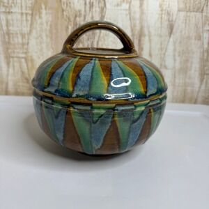 Rachel Studio Pottery Lidded Casserole Dish Brown Blue Green Glaze Handmade